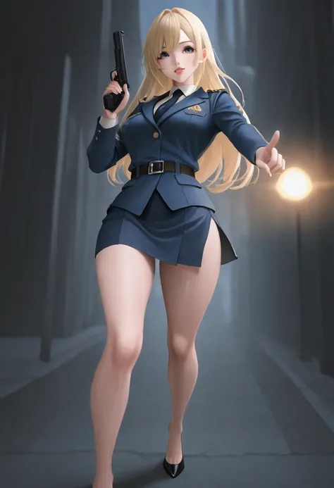  1 female、American Beauty、 super beautiful、facial beauty、blue eyes、 of foot、 NYPD uniform 、mini fold、golden hair、Night Street、illuminate from the background、 the wind blows、He&#39; it's raining、He está mirando intensamente el cañón del arma.、thigh shot 、po...