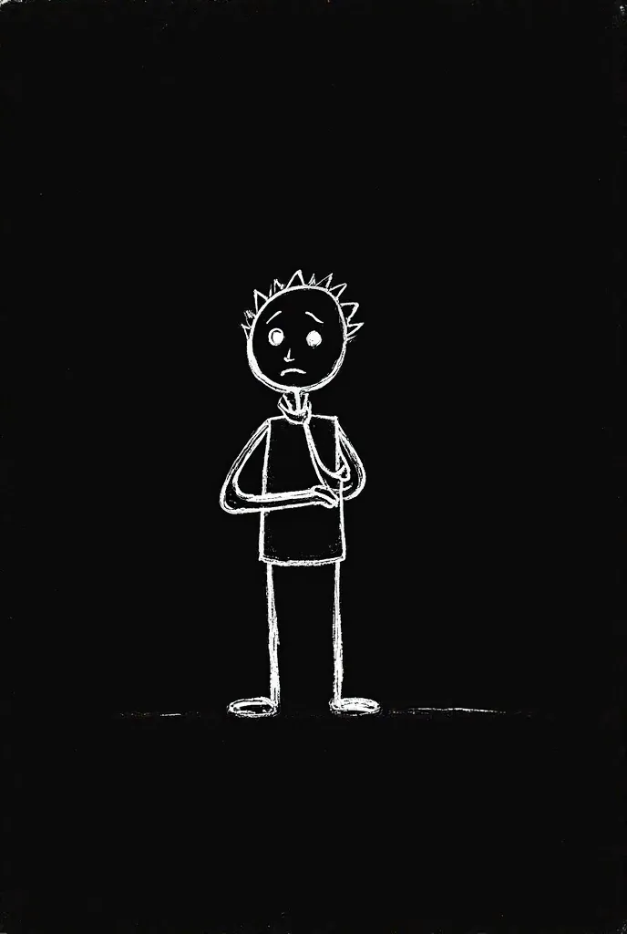 "A minimalist, hand-drawn stick figure in white on a black background, standing with one hand on its chin and the other arm crossed, depicting a thoughtful pose. The figure has round, open eyes and a slightly curved mouth, expressing deep contemplation. Sk...