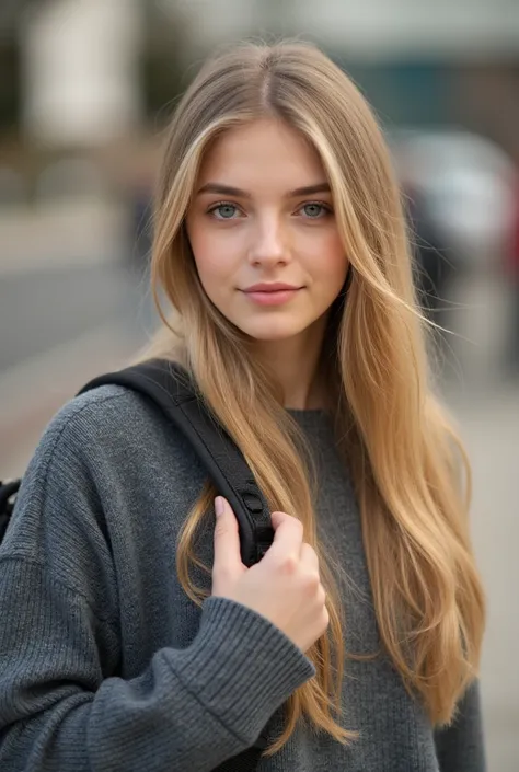  Very Beautiful Girl , with a sweater, And a school bag. She has very nice hair, European, Aged 19 She is in front of the camera. She has a little makeup that makes her very beautiful. She is perfect and she is blonde