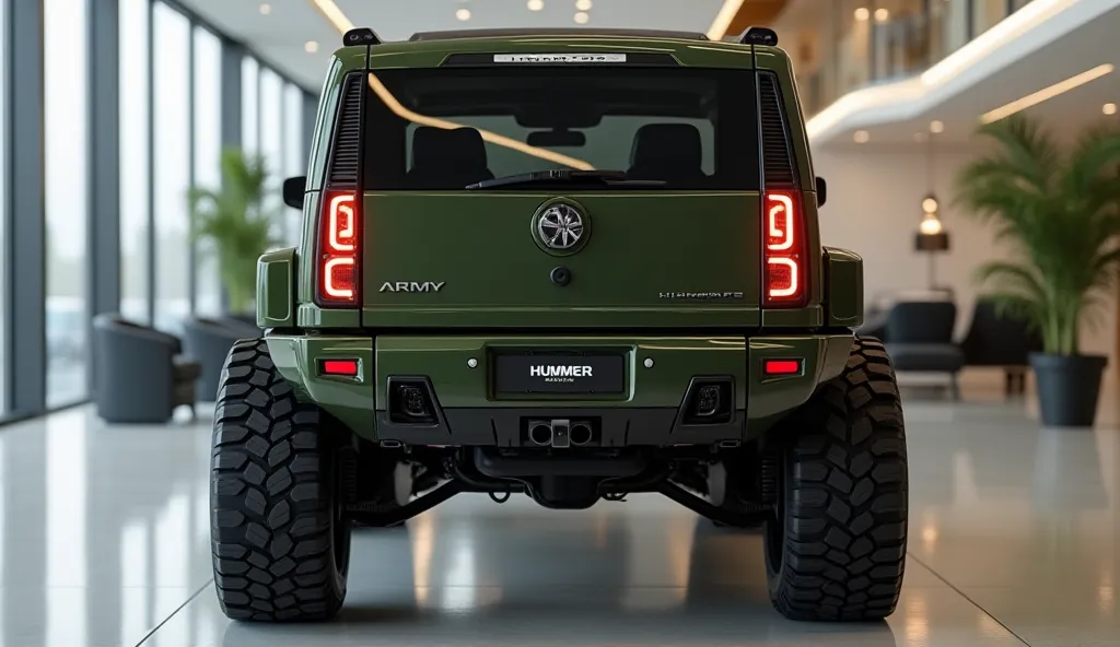 create an ultra-detailed 3D render, of a modern 2025 Hummer H2 with a bold design looking long like limousine captured from  straight close BACK view. The car should feature a ' Gleamy Army dark green' color with a 'HUMMER H2' logo on its back, a large whi...