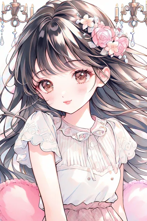 cute girl、pastel colors、 white、watercolor、1 girl、 cute face 、 cute、upper body、chandelier、 Heart Cushion 、 Flowers Dance、 black hair、 Straight and long、brown eyes、droopy eyes、 eyelashes、 white blouse、skirt、smile、pink cheeks、small lips、pink lips、  from afar、