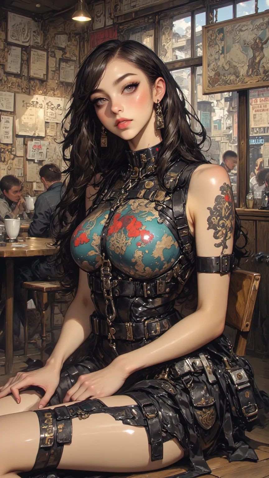  a woman，25 years old，Slim Fit Black Sleeveless Dress，sitting，Outdoor Cafe，Details，complex，Colorful ，Sharp Scissors，High Quality Line，beauty，高度Details，digital art，concept art，smooth，soft，warmth，illustration，instagram，Art In Process