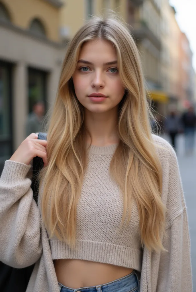  Very Beautiful Girl , with a sweater, And a school bag. She has very nice hair, European, Aged 19 She is in front of the camera. She has a little makeup that makes her very beautiful. She is perfect and she is blonde in a crop top