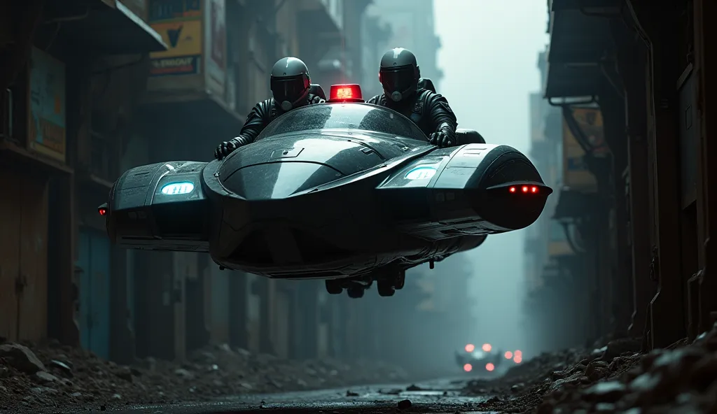 A sleek, black futuristic flying police car hovers menacingly over a dark and narrow alley in the Shadow Sector slum on a dead planet where no natural light exists. The entire world is drowned in an abyss of eternal blackness, and only artificial sources i...