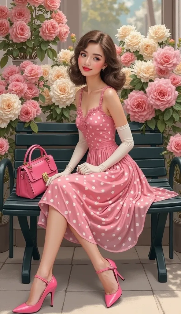 A young woman sits gracefully on a black bench in a flower shop, surrounded by lush pink and white blooms. She wears a vintage-inspired, sleeveless pink dress with white polka dots, complemented by long gloves and matching pink heels. A stylish pink handba...