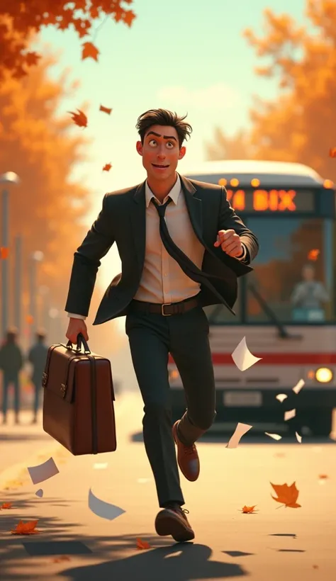 Create a Disney Pixar-style wide shot of a young man in a business suit with a loosened tie, running frantically with his briefcase flying open, papers spilling out in a sunny suburban street with a bus at the stop ahead. The subject is placed mid-ground, ...