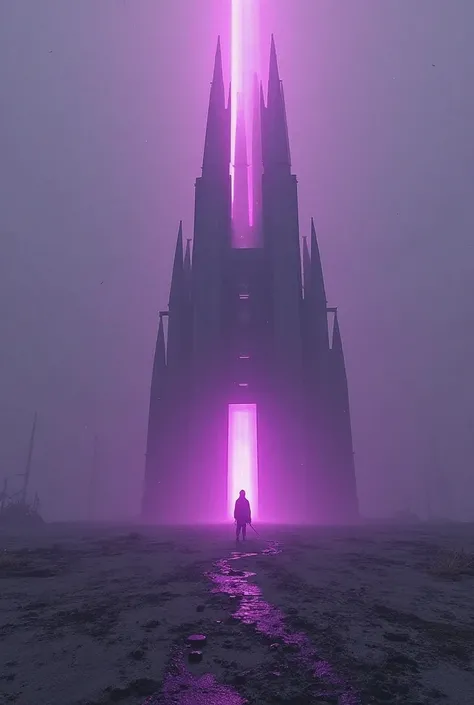 Create an image of a building standing in a deserted place with purple light emanating from it. 