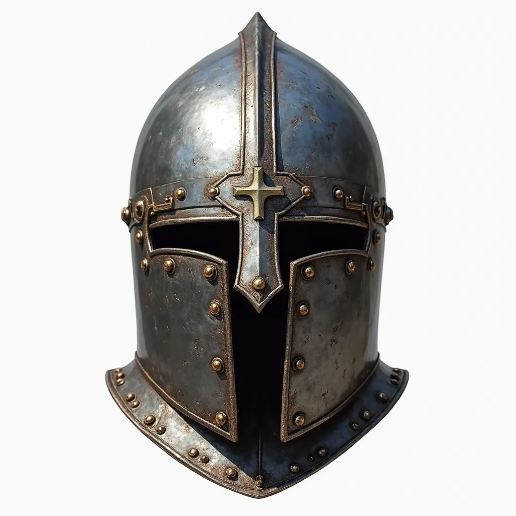 A detailed medieval knight's helmet in a crusader style, viewed from the front. The helmet has a polished steel finish with a prominent cross emblem on the front. The visor is closed, covering the entire face, with small ventilation holes. The design is hi...