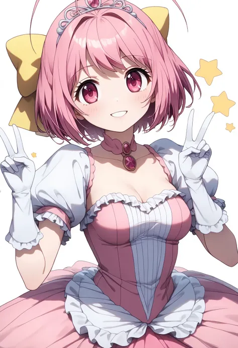 1girl, solo, (kanon nakagawa), short hair, pink hair, hair bow, pink eyes, antenna hair, {{{yellow bow}}}, (((medium breasts))), {{smile}}}, (accurate), {{{princess costume}}}, {{{{{puff sleeve}}}}}, {{{princess}}}, {{{frilled dress}}}, {{{cinderella (cosp...