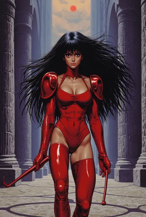 "Step into a futuristic world where Italian female bodybuilders roam the halls of a massive castle, their long black hair wild and untamed. Adorned in dark red armor, they wield rose-like whips with deadly precision. The 80's anime style aesthetic comes to...