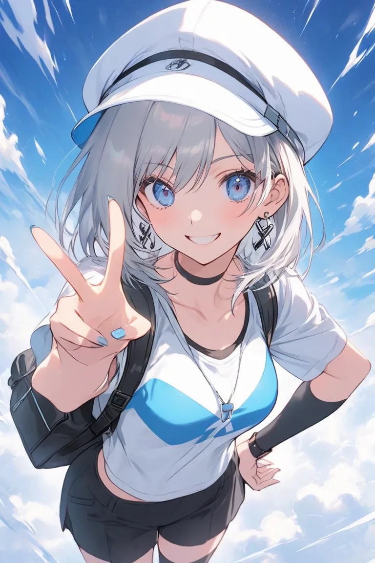 A young woman (19-23 years old, university student) in an ultra-high-quality anime illustration style. She has short silver-gray hair above her shoulders with a delicate blue gradient at the tips. Her hair is sleek and smooth, lightly flowing, emphasizing ...