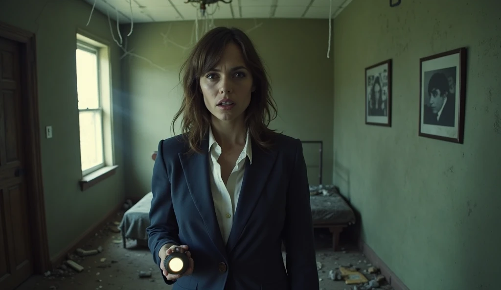 Image is a cinematic-style photograph depicting a woman , abandoned room. She is wearing a navy blue suit with a white blouse, holding a flashlight in her right hand. Her expression is one of concern or surprise, with wide eyes and slightly parted lips. Sh...