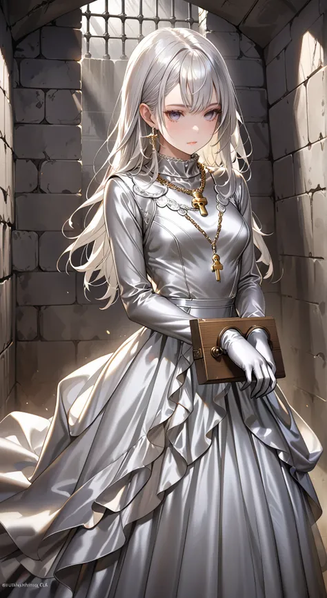 portrait、god々Shining light、( masterpiece, top quality, Ultra High Resolution ),Extremely detailed CG, Japanese woman with pale silver hair,(( beautiful face)),(( long sleeve long dress made of pale silver satin))、((The dress has a simple design without e...