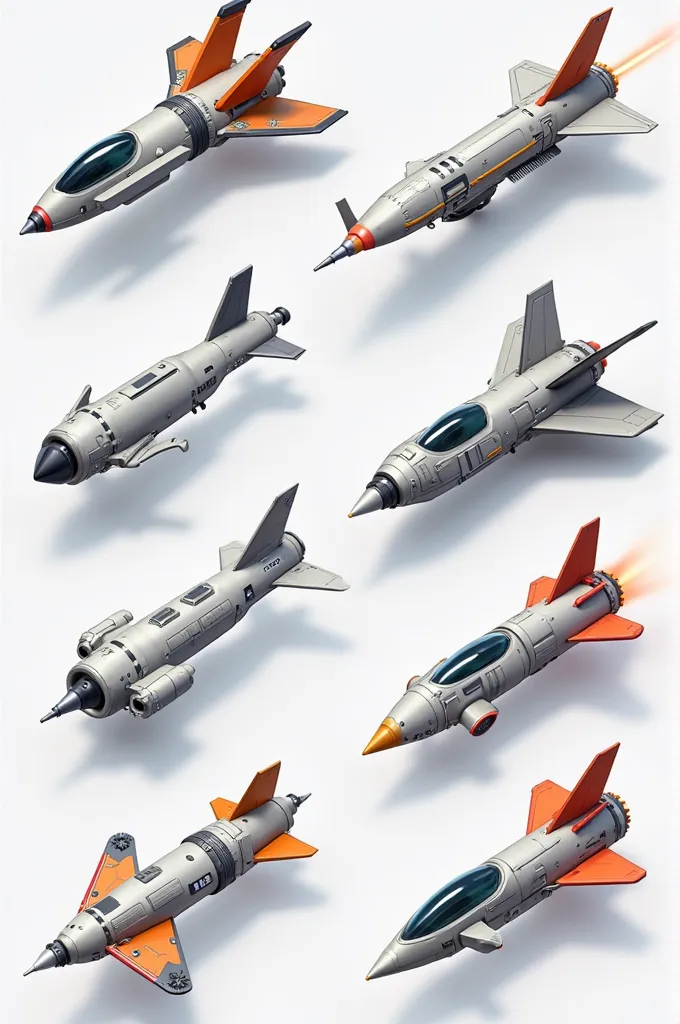 Missile equipment icon for a sci-fi futuristic flying game，Missiles of different levels，in gray、silver、orange color、 red、For the color。orthogonal view