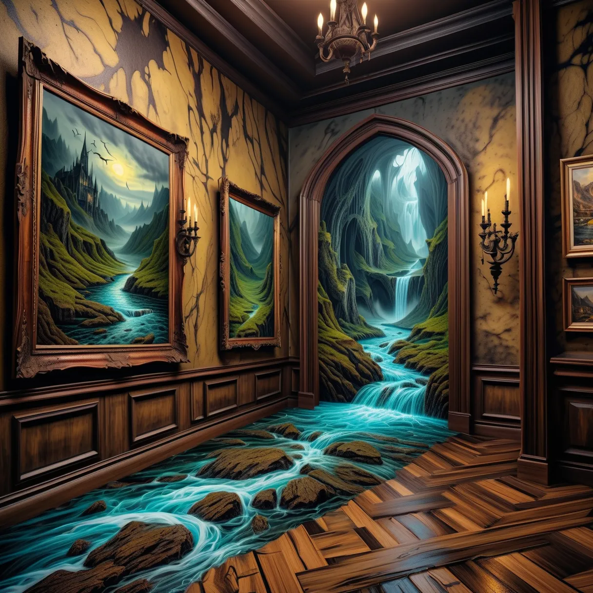 8K, UHD, HDR, intricate details, realistic, photo,

(Paint a cursed Gothic-style painting),

A painting of a river hangs on an art gallery wall. Water pours from the painting onto the floor.

Fantasy style, fantasy dreamlike art. Rustic. 

Surreal harmony....