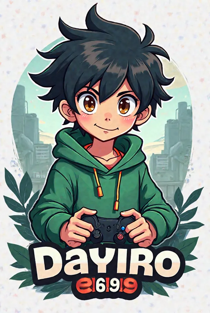 Now create a logo for me where the mascot is a gamer boy with black hair, brown eyes and a green sweatshirt and who says the following words: dayiro 369