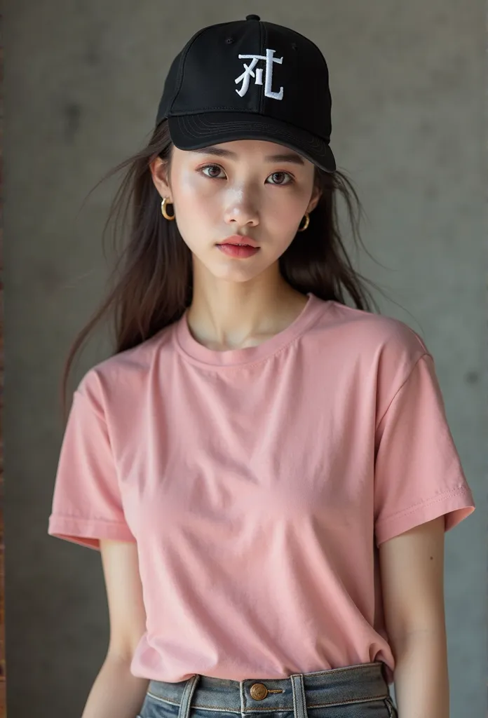 A very beautiful Chinese woman, 20 years old, wearing a pink T-shirt, wearing a black cap, with the letter “AO” on the hat, straight face, wearing cargo pants, sneakers.
