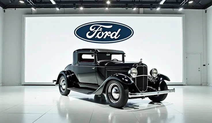 In sleek showroom 1950 ford model T in back wall logo ford 