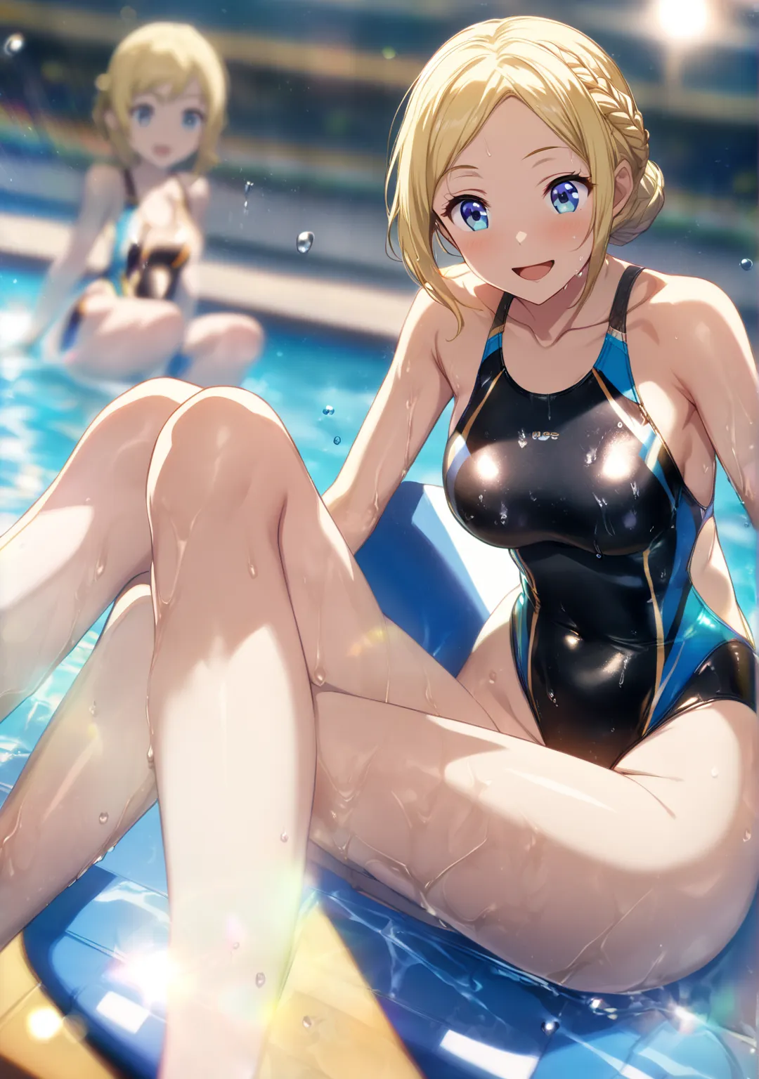 1 girl, Game CG, 
shallow depth of field, a portrait with a soft Gaussian blurred background, creating a dreamy atmosphere, focus on face, dutch angle, full-body shot, soaking wet by the poolside, sitting in a W-shape (split seat), striking a confident gra...