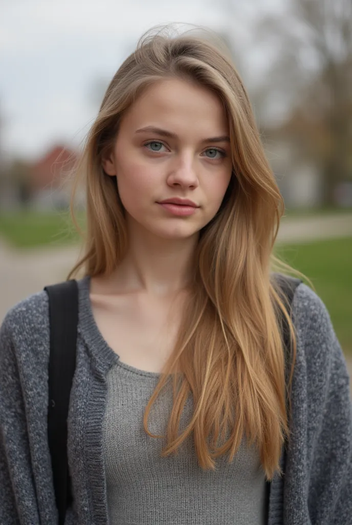  Very Beautiful Girl , with a sweater, And a school bag. She has very nice hair, European, Aged 19 She is in front of the camera. She has a little makeup that makes her very beautiful. She is perfect and she is blonde in a crop top