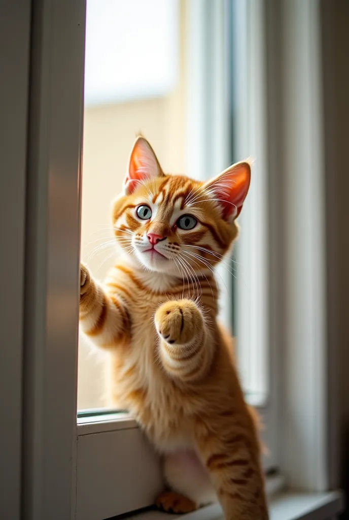 The great escape (back indoors).

Whiskers scrambles toward the window—realizes it’s too high!
Frantic pawing at the windowsill, eyes wide with desperation.
(Narration) "Abort mission! Abort!" Orange color real cat