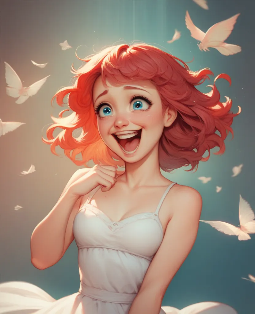 girl named Boob red hair，Bob，Delicate big eyes， aqua blue eyes ，White dress，Delicate small breasts，Nine pictures（happy，laughing，hesitate，cry，shock，shy）