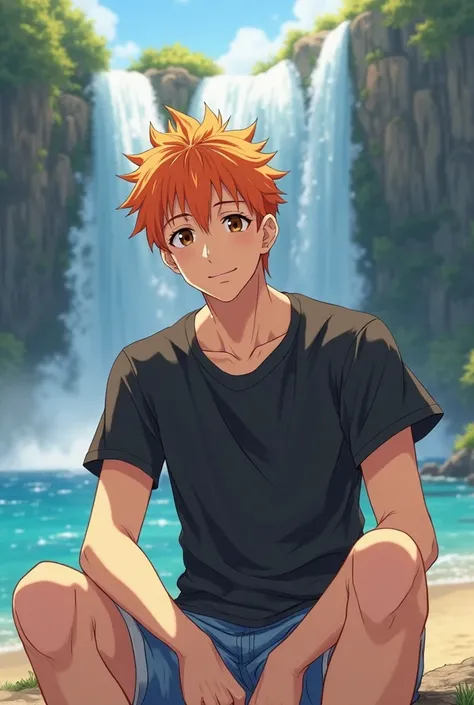 
Create an anime illustration of a  man with soft orange hair and dark brown eyes is casually dressed in a black t-shirt and denim shorts. He sits in a relaxed outdoor setting, possibly near a body of water or surrounded by nature. The sunlight highlights ...