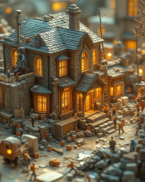 Imagine a magical, miniature-world scene where tiny architects and workers are bustling around a giant, sprawling house, turning the construction process into a grand operation. The house, built with sturdy bricks, gleaming windows, and ornate columns, is ...