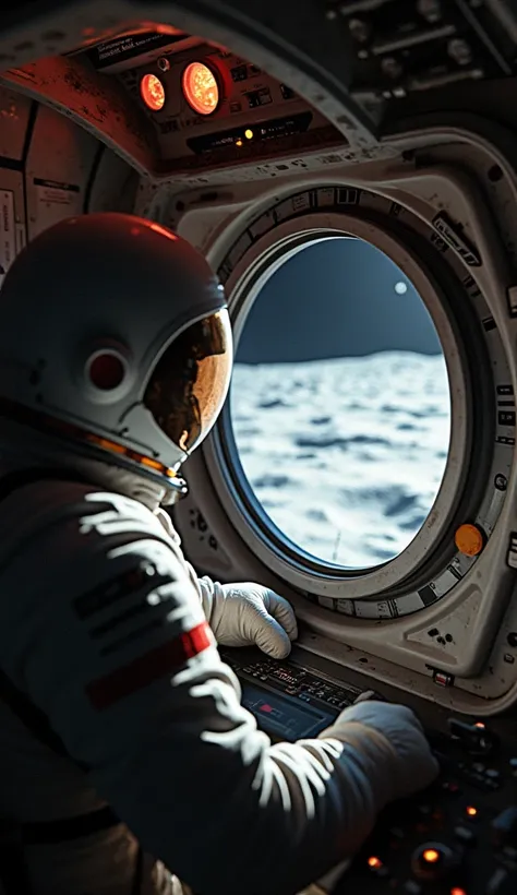  Astronauta em um módulo lunar - Visão em primeira pessoa:

"Create a realistic first-person perspective of an astronaut inside a lunar module, looking out the small porthole. The interior is cramped, with instruments and control panels lit by the soft glo...