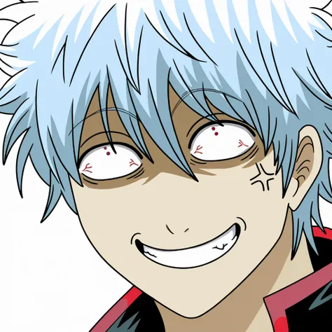 1boy,male focus,solo,sakata gintoki,smile,grin,anger vein,grey hair,constricted pupils,teeth,parody,angry,white_background,