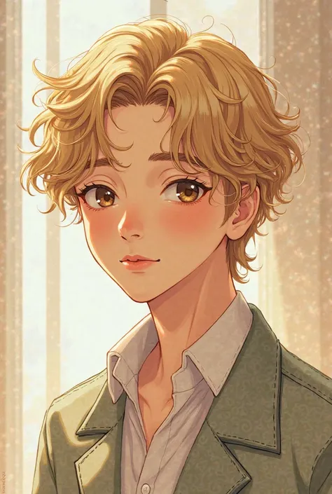 Create a young man with dark blond hair and honey eyes who looks innocent and a good manhwa style person