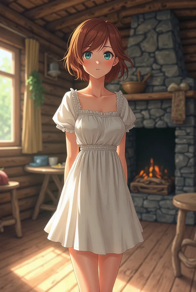 In the image it's day in a rustic cabin, A woman with short brown hair and blue eyes stands out, small breasted, series, wearing a peasant outfit. anime style,  Shonen Jump-style illustration.