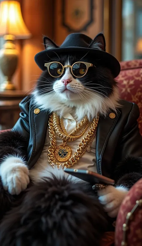 A fat and confident black and white pussy ,  comfortably seated on a luxurious sofa .  Holding an iPhone on one leg and wearing stylish accessories ,  including a stylish hat , designer glasses ,  gold chains ,  diamond jewelry and a luxurious shirt .  Amb...