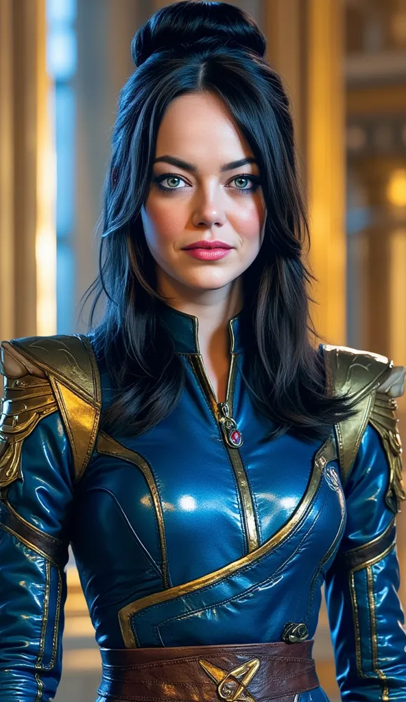 The image shows Emma Stone portrayed as Kitana, The * mortal kombat*, em um estilo super realista e The alta qualidaThe. She has long black hair , styled in an elaborate and elegant bun, typical of the character, with loose locks that fall gracefully aroun...