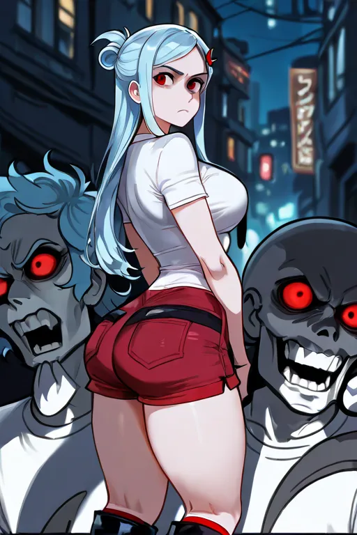  a woman,    Whole body,  waiting with interest, pelo entre los ojos, big breasts,   Slim Waist,  Light blue hair hairstyle,   long hair,   red eyes , butterfly hair clip ,    short t-shirt,   white t-shirt, ,    black tie,   red shorts ,   long white sock...