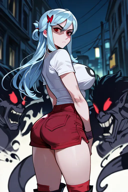  a woman,    Whole body,  waiting with interest, pelo entre los ojos, big breasts,   Slim Waist,  Light blue hair hairstyle,   long hair,   red eyes , butterfly hair clip ,    short t-shirt,   white t-shirt, ,    black tie,   red shorts ,   long white sock...