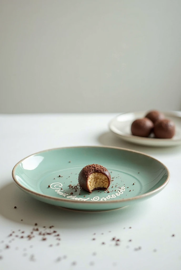 A photo of a water-green porcelain plate written Carolina Chocolateria in white is on a.white table, And there are some brigadeiros with chocolate sprinkles on it