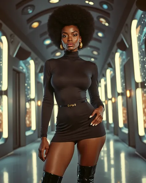 A vintage space age artistic image, low angle dutch angle, curvy unique female character with African dark skin, sci-fi 1972, tall round 70s afro hairstyle, gold hoop earrings, wearing a form fitted 1960s short space dress uniform with a turtleneck collar....