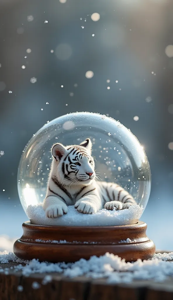 A delicate glass snow globe resting on a wooden surface, inside is a serene winter wonderland. Inside, a palm-sized white tiger lies peacefully on a soft bed of sparkling snow, its fur pristine and glowing under the soft light filtering through the glass. ...