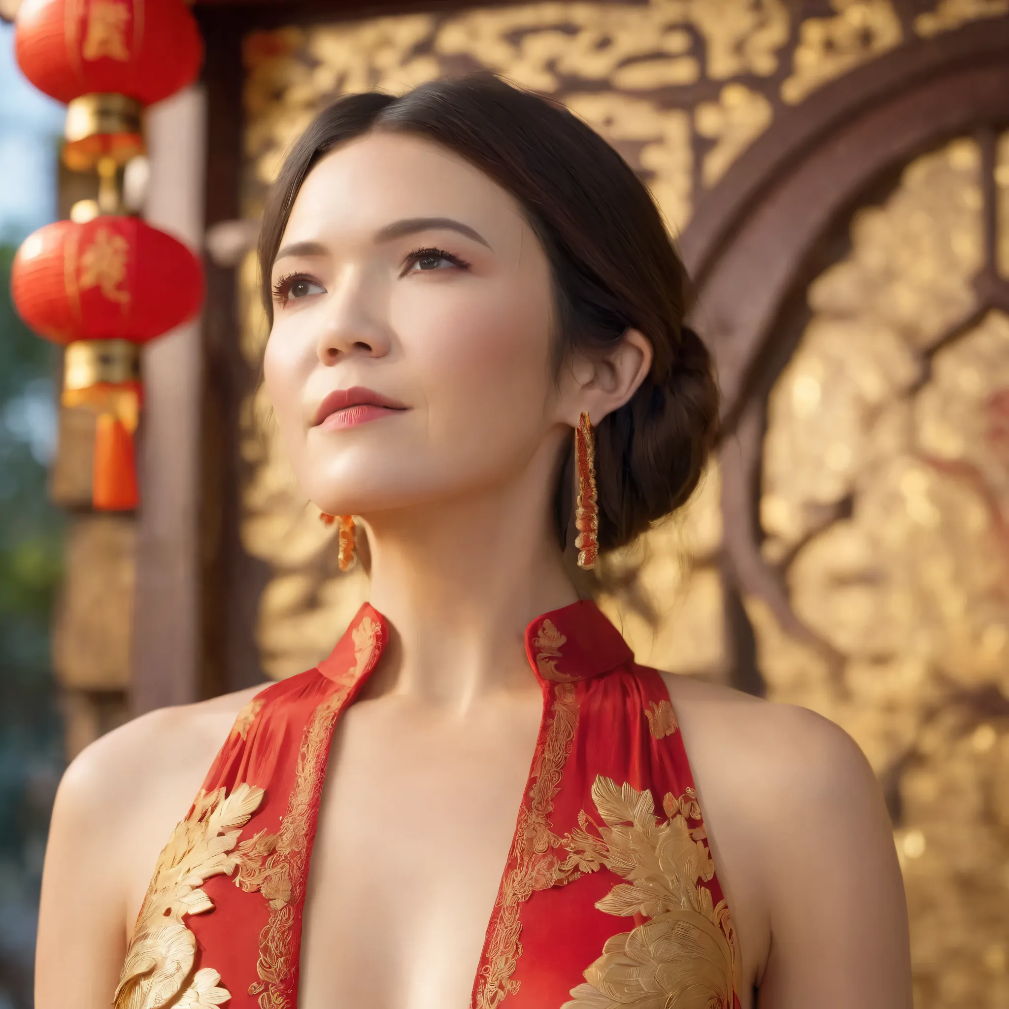 best quality, highres, 8k, masterpiece, photography, detailed midbody photorealistic portrait. Mandy Moore is seen in Chinatown, wearing an elegant red and gold qipao-inspired lace lingerie set, featuring a high-collared lace bralette with golden embroider...