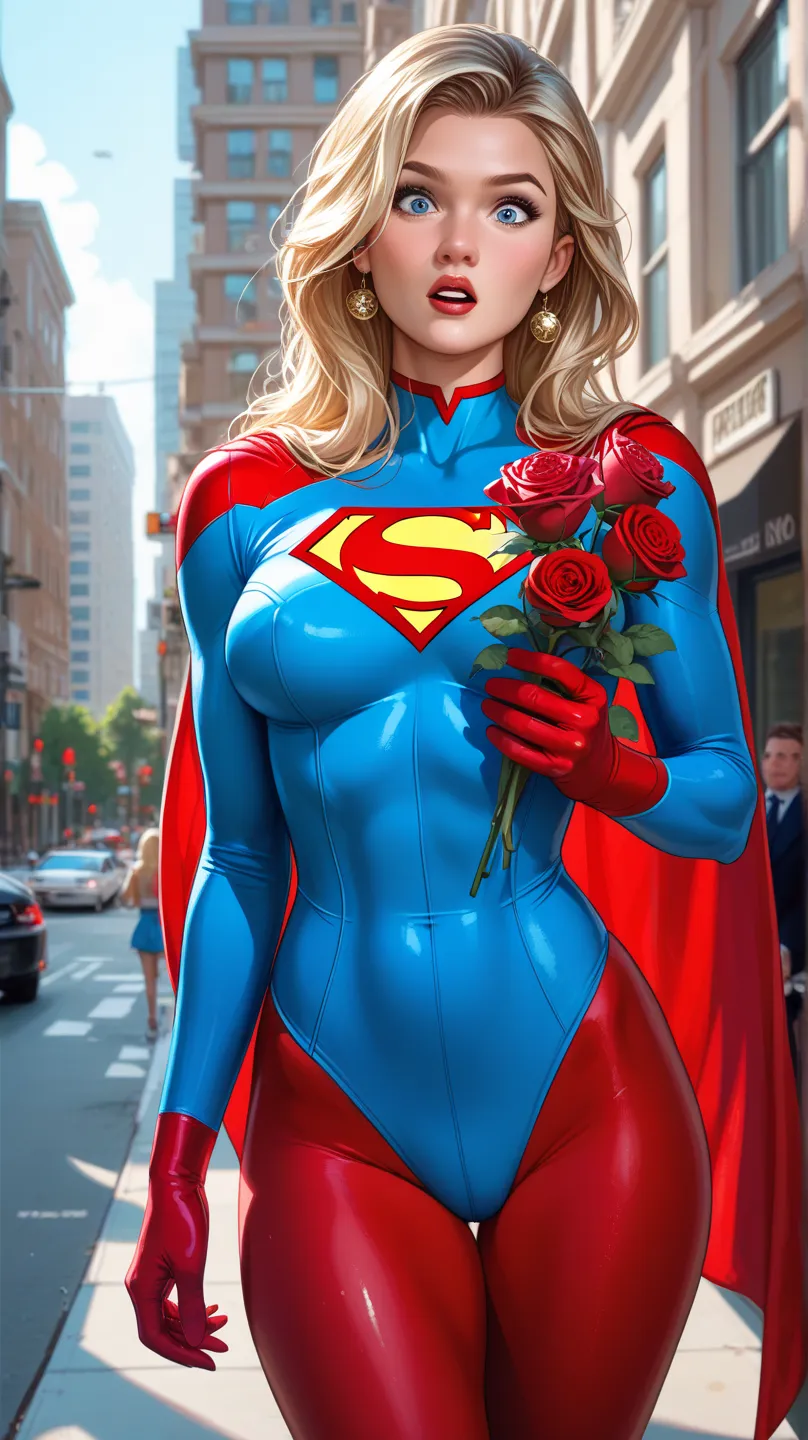 An urban setting with buildings in the background, Where Spider-Man is holding a red rose and looking surprised at Supergirl. Supergirl is extremely fat and out of shape, wearing her classic blue and red costume with the 'S' symbol on her chest. your body ...