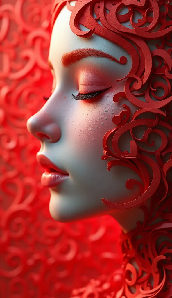 paper_cut，(illustration: 1.3), paper art, 3D rendering of, Red background, (Beautiful side face, Closed eyes: 1.3), (flor branca: 1.2), Colorful, Best quality, Detailed details, Masterpiece, official art, movie light effect