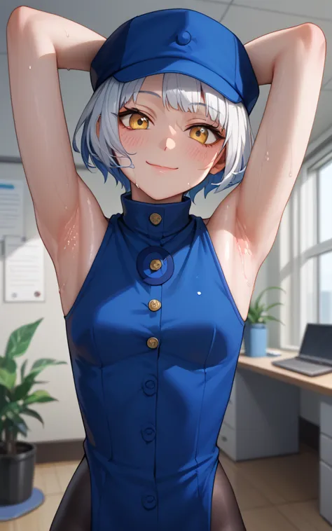 masterpiece, best quality, amazing quality, anime screencap, 1girl, solo, p3elizabeth, hat, blue dress, sleeveless dress, blue gloves, black pantyhose, arms behind head, armpits, head towards viewer, looking at viewer, smile, closed mouth, front light, ind...