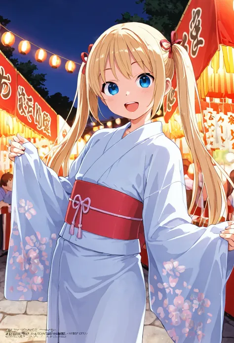 1boy, femboy, blonde hair, blue eyes, long hair, pigtails, japanese festival, smiling, promotional image