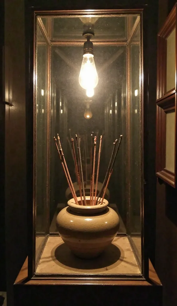 An old museum with a glass cabinet containing a ceramic vessel with copper and iron electrodes sticking out. Dim lighting with a light bulb highlighting the object, giving it an air of mystery and historical importance