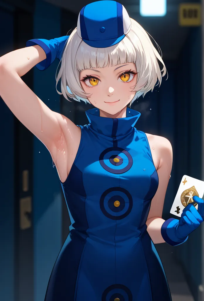 score_9, score_8_up, score_7_up, solo, 1girl, p3elizabeth, looking at viewer, standing, holding card, hat, blue dress, sleeveless dress, blue gloves, black pantyhose ,spread armpit, arm up, armpit, lay hand on own armpit, smile, closed mouth, sweating, swe...