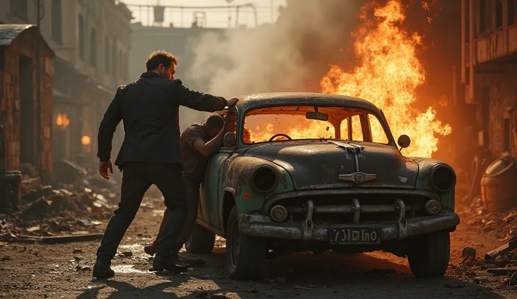 Tom Hardy rescues a man from a burning car in one of the yards