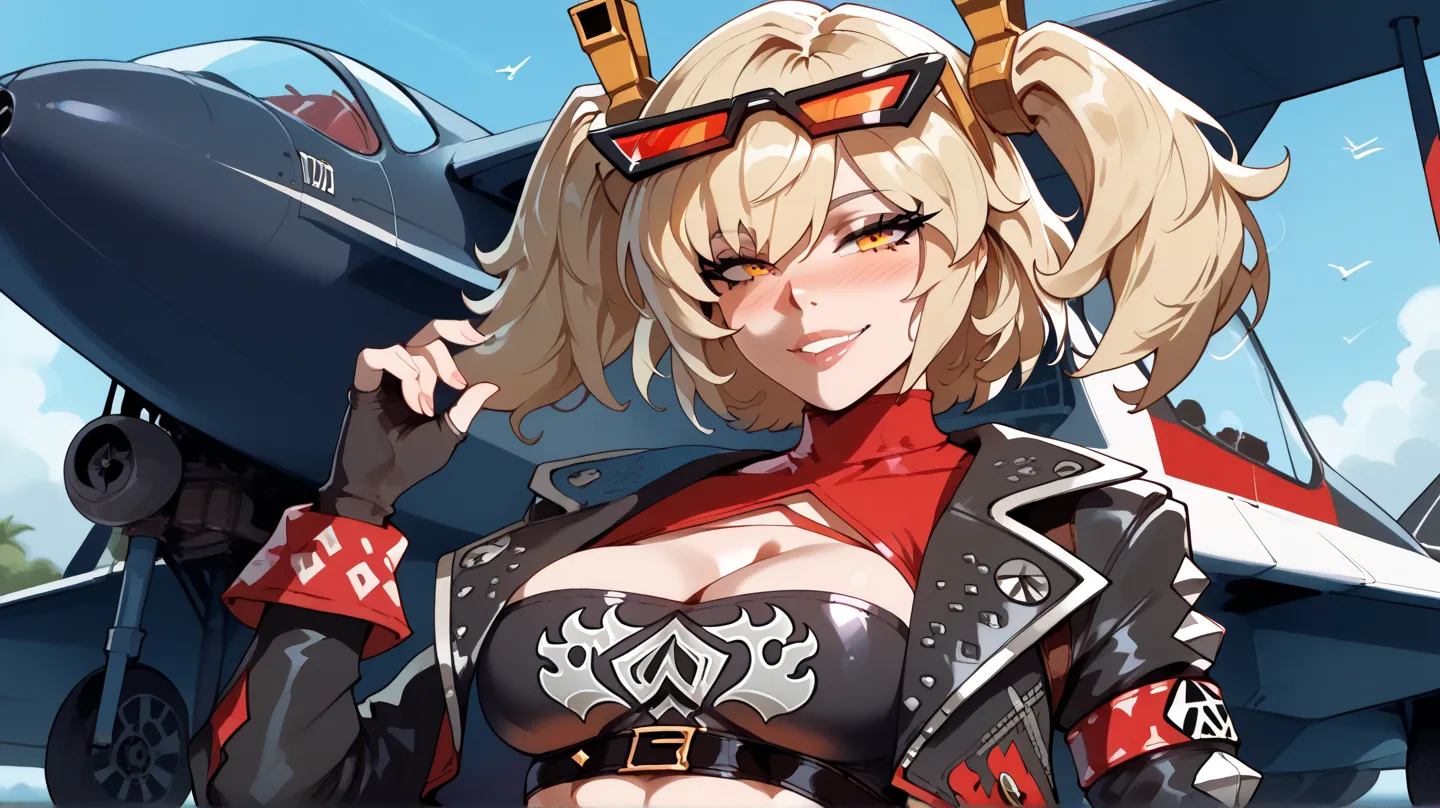 1 women, Burnice white, Zenless zone zero, big boobs, blush, naughty face, High resolution, body masterpiece, Precise, detailed eyes, blonde hair, orange eyes, two side up, short twintails, hair ornament, eyewear on head, sunglasses, goggles, side plane, 
...