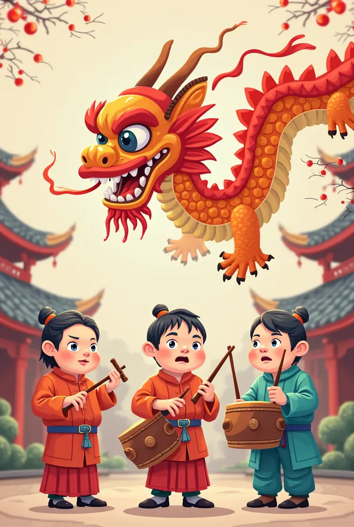 Dragon Dance,Chinese style,People who play gongs and drums,serious expression, illustration style ,flat,People with quaint costumes, middle-aged people,simple background,Simple colors,