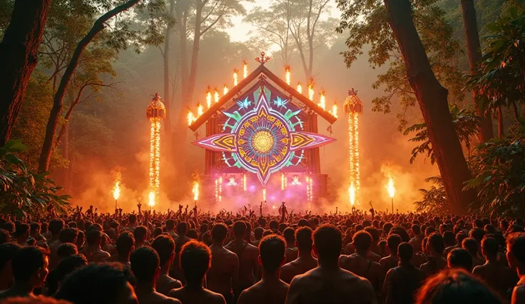 A Cinematic Photo of a vibrant jungle music festival deep in the rainforest, with massive bamboo stages covered in neon tribal patterns, glowing torches, and mist rising from the dense greenery. The crowd dances wildly under the golden sunlight. Hyper-real...